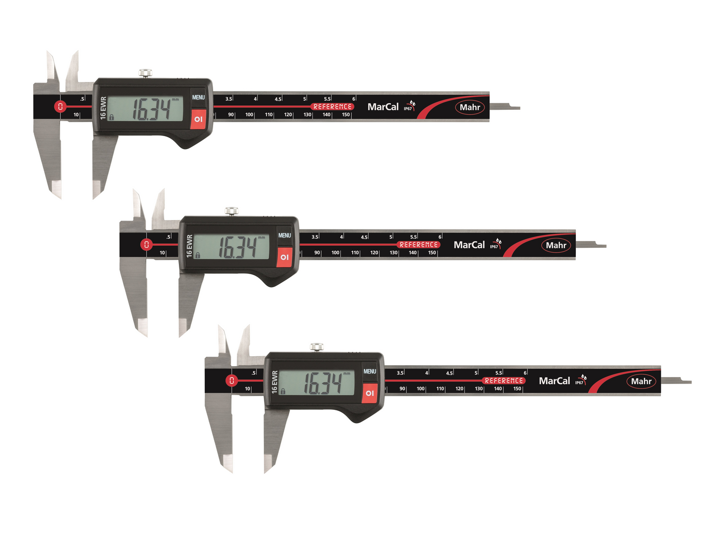 Triopack: MAHR Digitaler Messschieber 150 mm, IP67, ohne Daten, eckiges Tiefenmaß